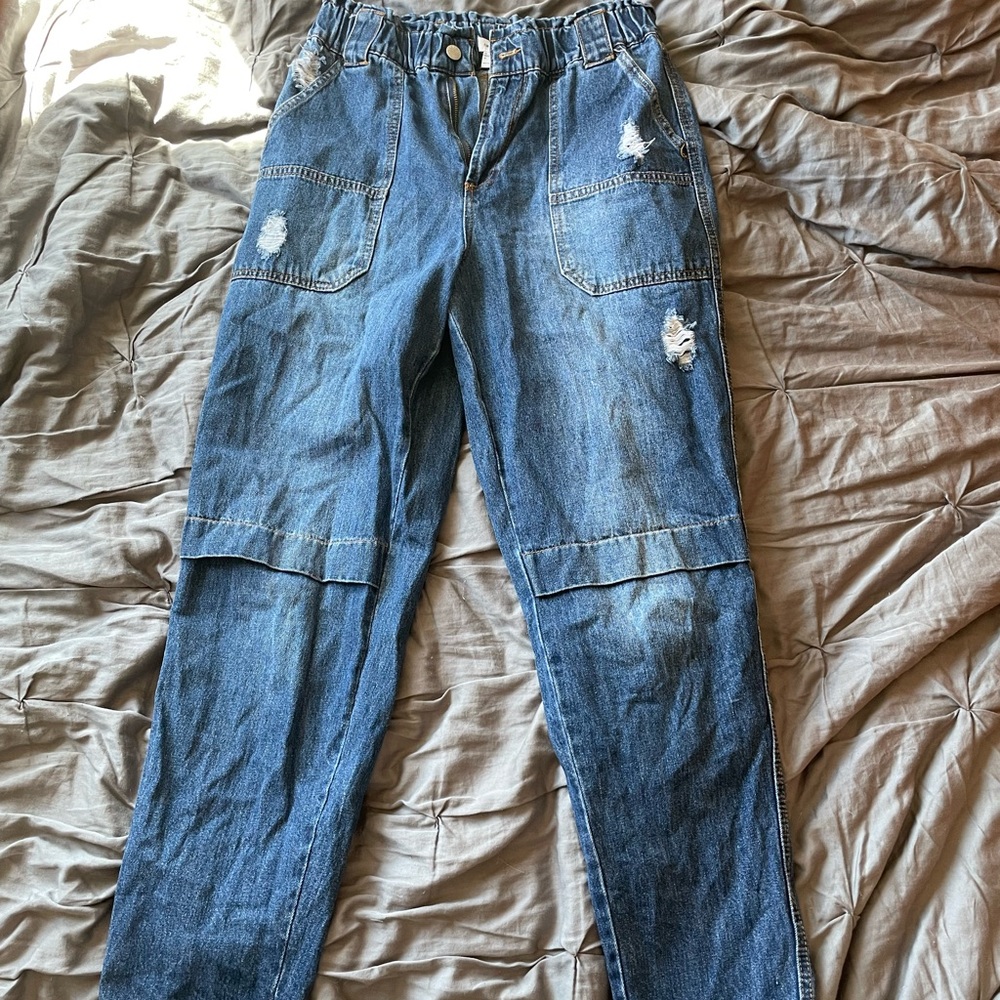 Blue Straight Leg High Waisted Cargo Pants